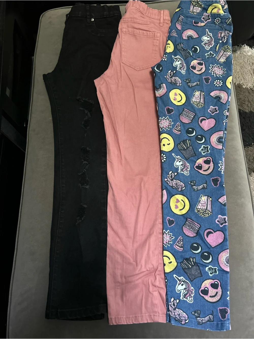 Girls Trio: Black Distressed Jeans, Dusty Pink Pants & Blue Emoji Print jeans
